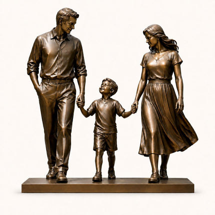 Bronze family sculpture with father, mother and child holding hands on a rectangular base
