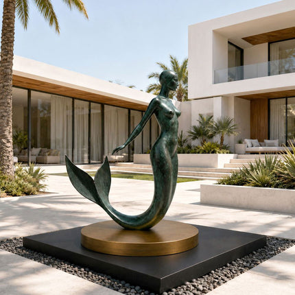 Contemporary bronze figure sculpture placed in a residential garden landscape