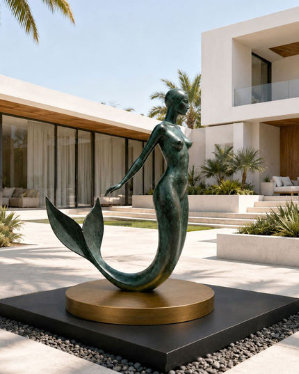 Contemporary bronze figure sculpture placed in a residential garden landscape