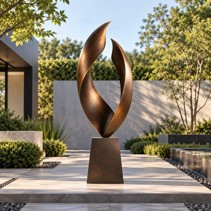 Bronze garden sculpture with sweeping curved forms in a contemporary residential courtyard