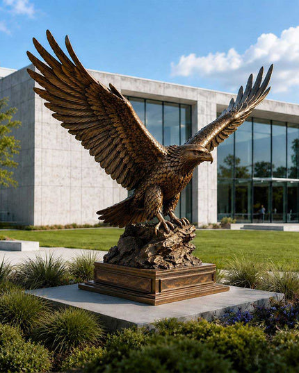 Bronze eagle garden sculpture integrated into a landscaped outdoor space