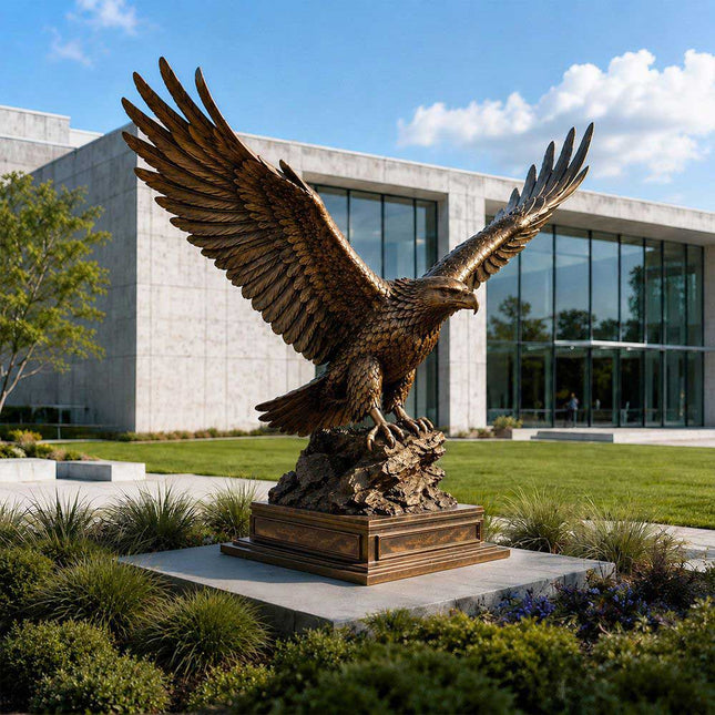 Bronze eagle garden sculpture integrated into a landscaped outdoor space