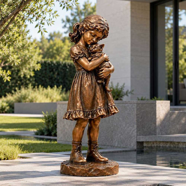 Bronze girl holding a cat statue displayed in a landscaped residential garden beside a pool