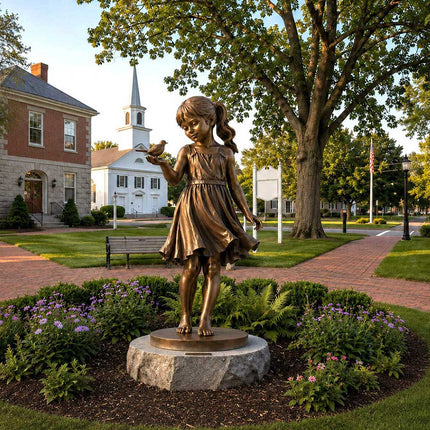 Bronze child sculpture displayed in a formal estate garden