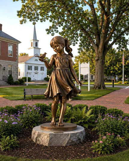 Bronze child sculpture displayed in a formal estate garden