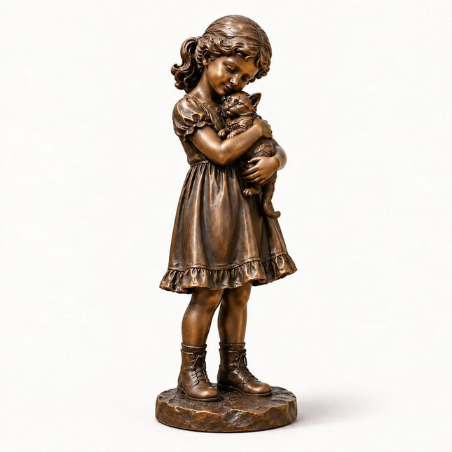 Bronze girl statue holding a cat, with detailed dress, boots, and warm brown patina