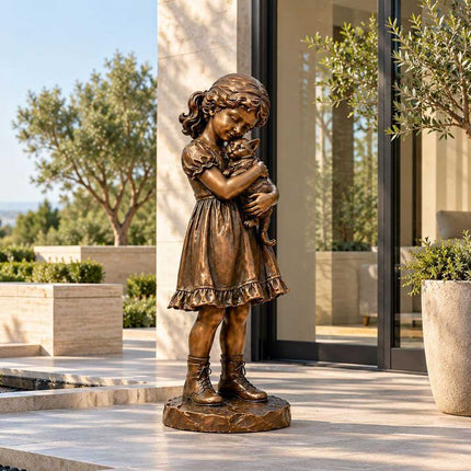 Bronze sculpture of a young girl cuddling a cat near a contemporary home entrance
