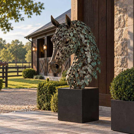 Openwork bronze horse head sculpture displayed outside a private equestrian property
