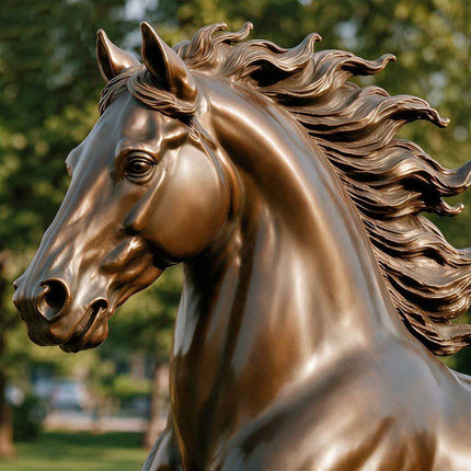 Detailed bronze horse sculpture head with handcrafted mane texture
