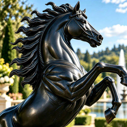 Close-up of the horse head, arched neck, raised forelegs and black bronze patina