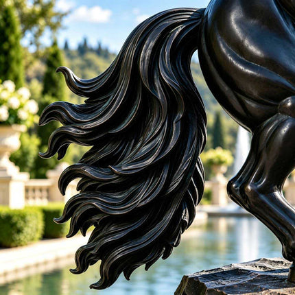 Close-up of the layered flowing tail and black bronze finish on a horse statue