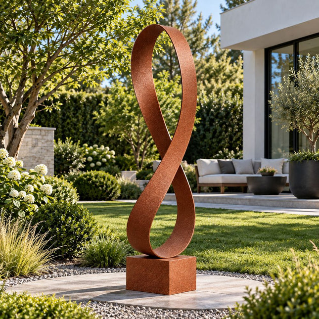 Tall bronze infinity ribbon sculpture displayed on a stone patio surrounded by landscaped greenery.