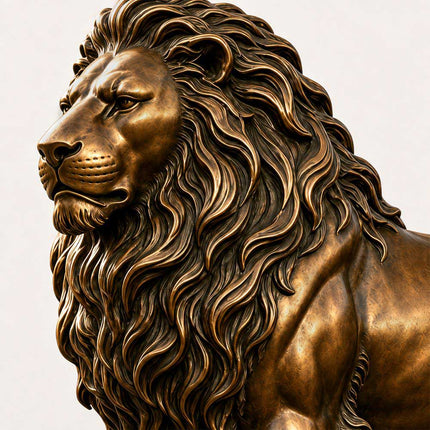 Bronze lion sculpture detail showing the face, layered mane, and warm patina