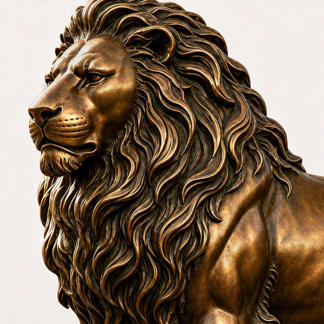 Bronze lion sculpture detail showing the face, layered mane, and warm patina