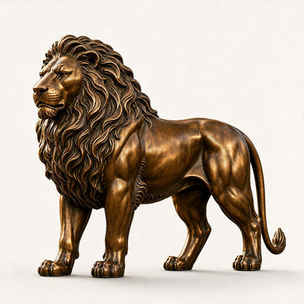 Standing bronze lion sculpture with a full mane and warm brown patina