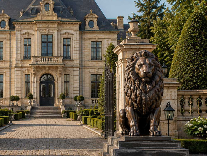 Bronze lion sculpture at a luxury estate entrance