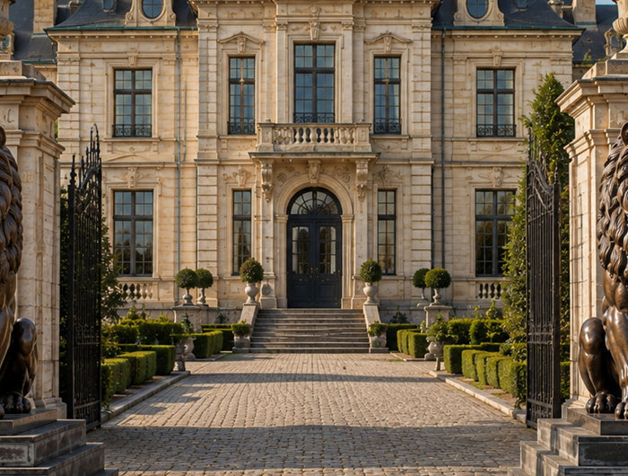 Bronze lion sculptures at the entrance of a luxury estate