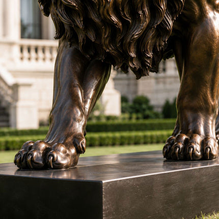 Bronze lion statue detail showing sculpted paws, legs, and integrated base