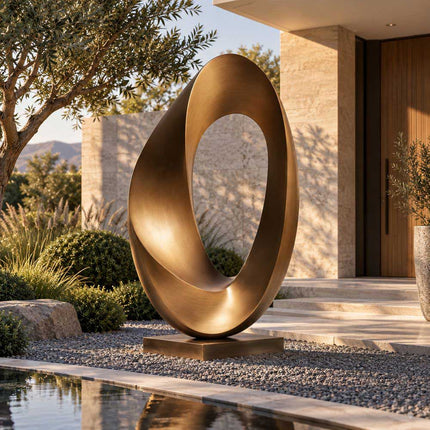 Golden-brown abstract bronze loop sculpture displayed beside the entrance of a modern residence.