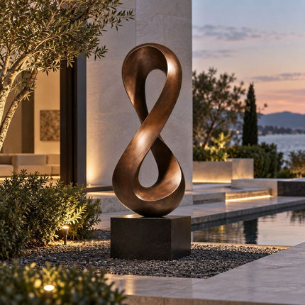 Bronze loop sculpture displayed beside a modern residential pool
