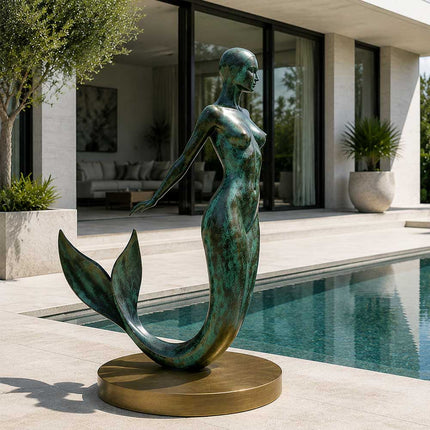 Bronze mermaid sculpture installed beside a modern pool courtyard
