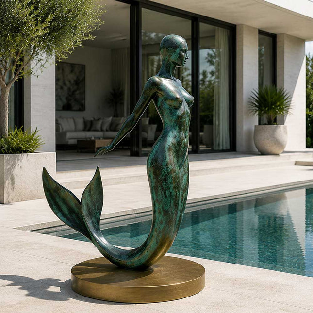 Bronze mermaid sculpture installed beside a modern pool courtyard
