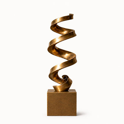 Bronze abstract sculpture with a continuous spiraling ribbon form and square base