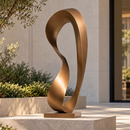 Bronze ribbon loop sculpture displayed on a stone pedestal in a contemporary residential courtyard.