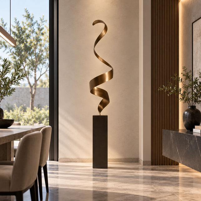 Tall bronze spiral ribbon sculpture displayed against a light wall in a modern residential interior