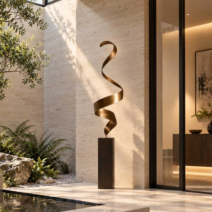 Warm brown bronze ribbon sculpture on a dark pedestal beside a modern home's private courtyard