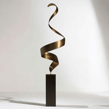 Bronze ribbon sculpture with a continuous vertical spiral, warm brown patina, and dark rectangular pedestal