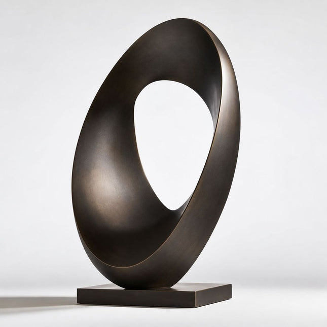 Bronze ring sculpture with a twisted oval form and large central opening