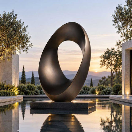 Large bronze ring sculpture installed as a focal point within a modern water feature