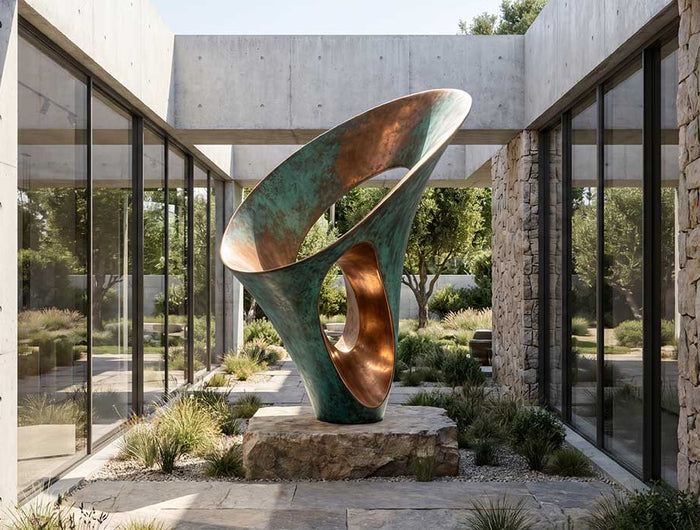 Bronze sculpture with natural patina finish installed in a modern architectural outdoor environment