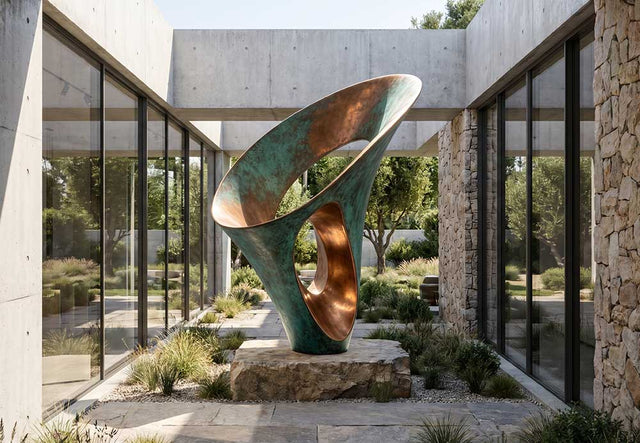 Bronze sculpture with natural patina finish installed in a modern architectural outdoor environment