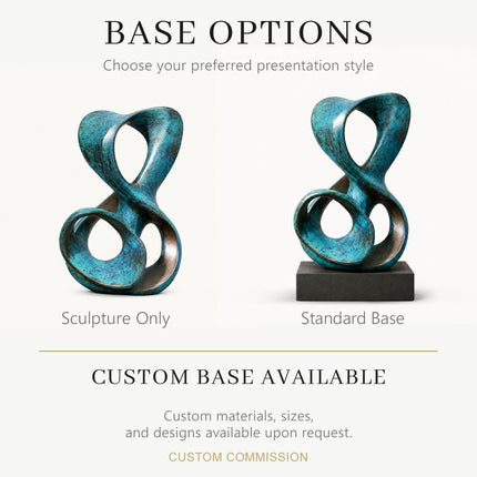 Bronze abstract sculpture shown with and without standard base options