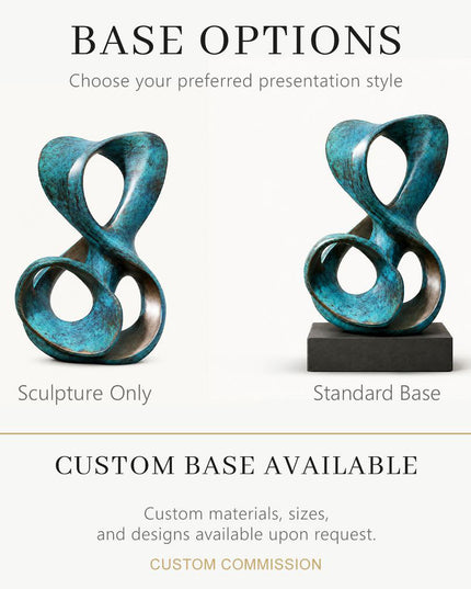 Bronze abstract sculpture shown with and without standard base options