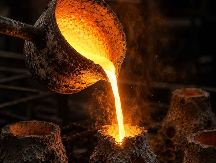 Close-up of molten bronze being poured into a ceramic shell mold during the traditional lost-wax casting process