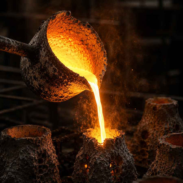 Close-up of molten bronze being poured into a ceramic shell mold during the traditional lost-wax casting process
