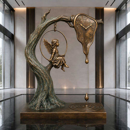 Bronze sculpture with angel swing and melting clock displayed in a modern interior
