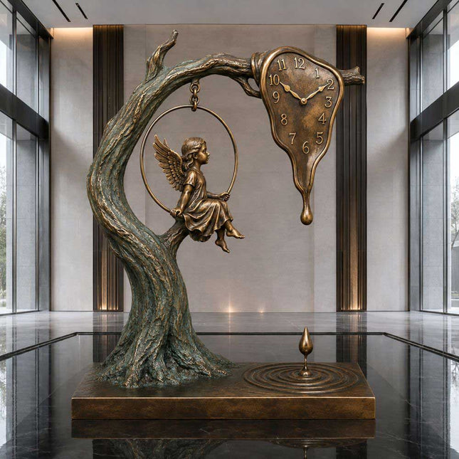 Bronze sculpture with angel swing and melting clock displayed in a modern interior