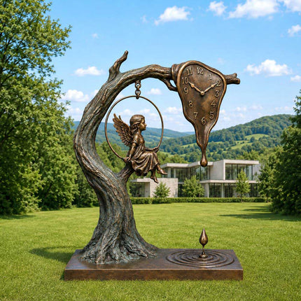 Bronze sculpture with angel swing and melting clock displayed in an outdoor landscape