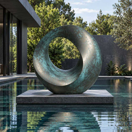 Green patina bronze sculpture displayed beside a pool in a landscaped garden