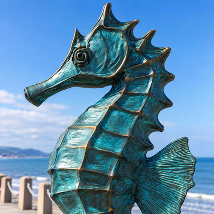 Close-up of a blue-green bronze seahorse sculpture showing its long snout, raised crest, segmented body, and textured fin