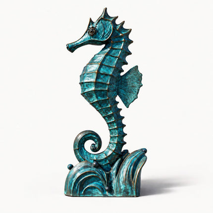 Blue-green patina bronze seahorse sculpture with a curled tail and sculpted wave base on a white background