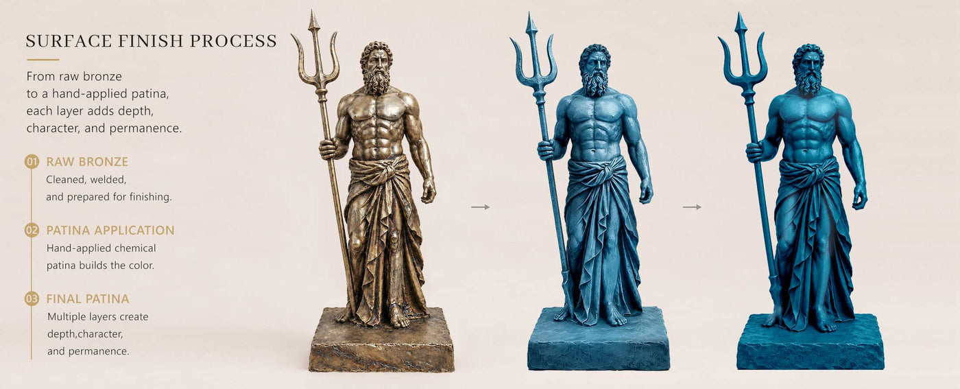 Bronze sculpture surface finish process, illustrating the transition from raw bronze to hand-applied patina and the final finished appearance.