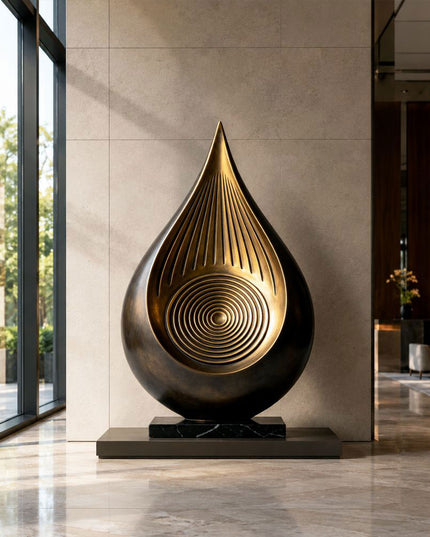 Bronze teardrop sculpture displayed in a luxury interior space