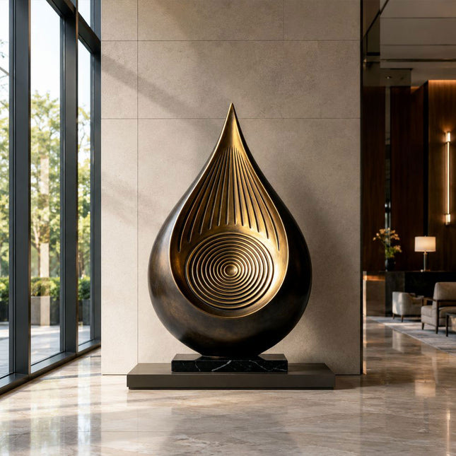 Bronze teardrop sculpture displayed in a luxury interior space