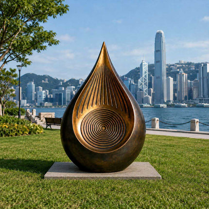 Bronze abstract sculpture installed in an outdoor landscape setting