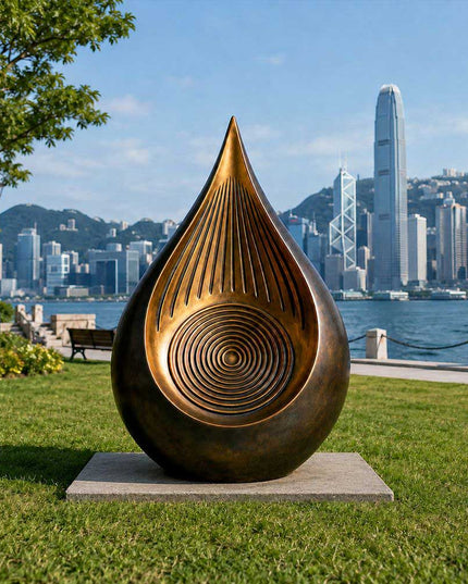Bronze abstract sculpture installed in an outdoor landscape setting
